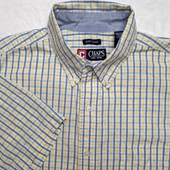 Chaps Easy Care Mens Short Sleeve Button Down Shirt - Large Plaid Yellow Blue - Picture 1 of 7